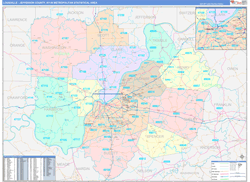 Louisville-Jefferson County Metro Area Wall Map Color Cast Style 2024
